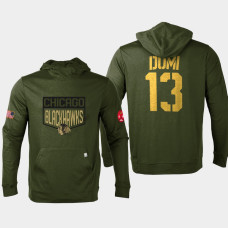 2022 Max Domi Chicago Blackhawks Salute to Service Levelwear #13 Men's Pullover Hoodie Olive