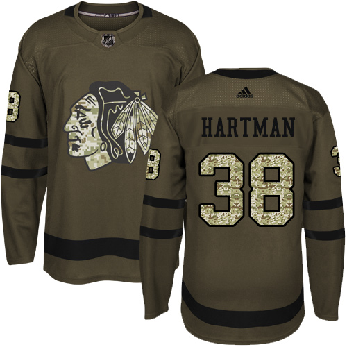 Kid's Chicago Blackhawks #38 Ryan Hartman Authentic Green Salute to Service Adidas Jersey